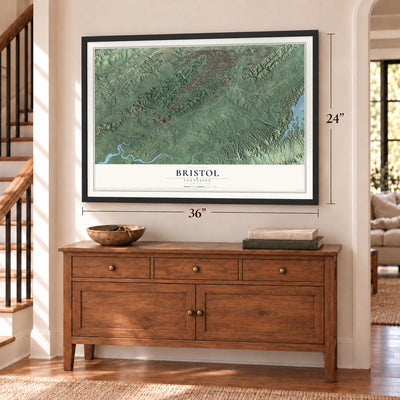 Bristol, Tennessee map, 24 x 36 inch print in a black frame above a dresser by a staircase