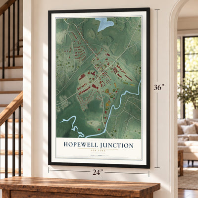 Hopewell Junction, New York map, 24 x 36 inch print in a black frame by a staircase