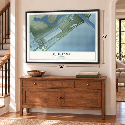 Quintana, Texas map, 24 x 36 inch print in a black frame above a dresser by a staircase