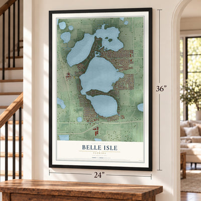 Belle Isle, Florida map, 24 x 36 inch print in a black frame by a staircase