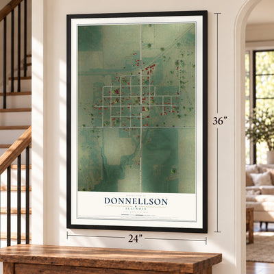 Donnellson, Illinois map, 24 x 36 inch print in a black frame by a staircase