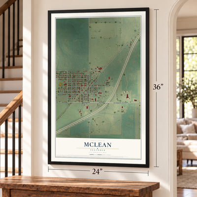 McLean, Illinois map, 24 x 36 inch print in a black frame by a staircase