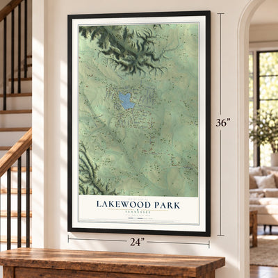 Lakewood Park, Tennessee map, 24 x 36 inch print in a black frame by a staircase