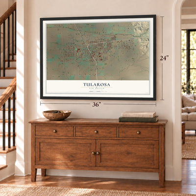 Tularosa, New Mexico map, 24 x 36 inch print in a black frame above a dresser by a staircase
