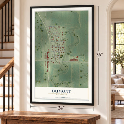 Dumont, Minnesota map, 24 x 36 inch print in a black frame by a staircase