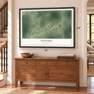 Leonard, North Dakota map, 24 x 36 inch print in a black frame above a dresser by a staircase