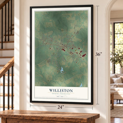 Williston, South Carolina map, 24 x 36 inch print in a black frame by a staircase