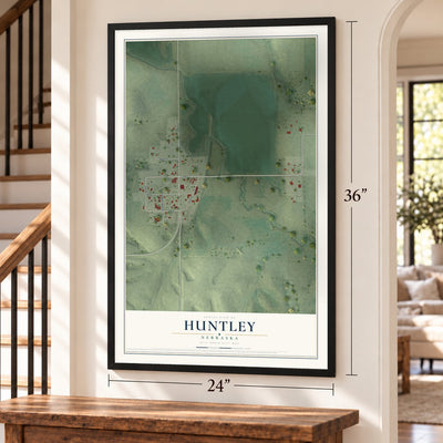 Huntley, Nebraska map, 24 x 36 inch print in a black frame by a staircase