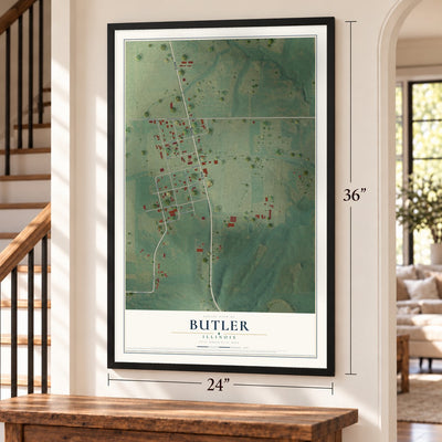 Butler, Illinois map, 24 x 36 inch print in a black frame by a staircase