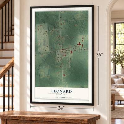 Leonard, Michigan map, 24 x 36 inch print in a black frame by a staircase