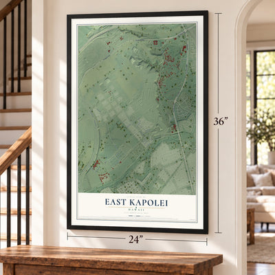 East Kapolei, Hawaii map, 24 x 36 inch print in a black frame by a staircase
