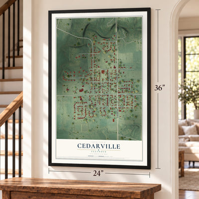 Cedarville, Illinois map, 24 x 36 inch print in a black frame by a staircase