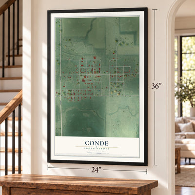 Conde, South Dakota map, 24 x 36 inch print in a black frame by a staircase