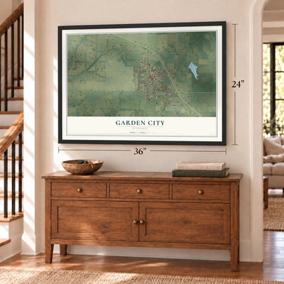 Garden City, Missouri map, 24 x 36 inch print in a black frame above a dresser by a staircase