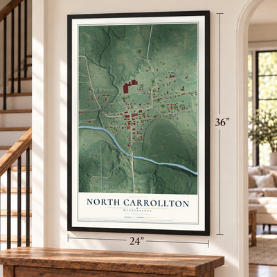 North Carrollton, Mississippi map, 24 x 36 inch print in a black frame by a staircase