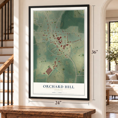 Orchard Hill, Georgia map, 24 x 36 inch print in a black frame by a staircase