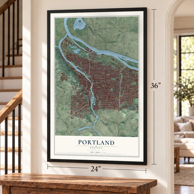 Portland, Oregon map, 24 x 36 inch print in a black frame by a staircase