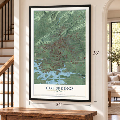 Hot Springs, Arkansas map, 24 x 36 inch print in a black frame by a staircase