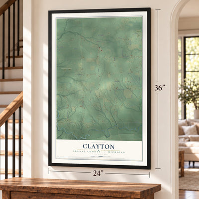 Clayton, Arenac County, Michigan map, 24 x 36 inch print in a black frame by a staircase