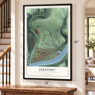 Freeport, Armstrong County, Pennsylvania map, 24 x 36 inch print in a black frame by a staircase