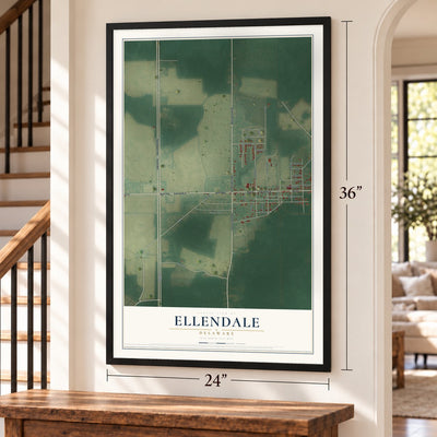Ellendale, Delaware map, 24 x 36 inch print in a black frame by a staircase