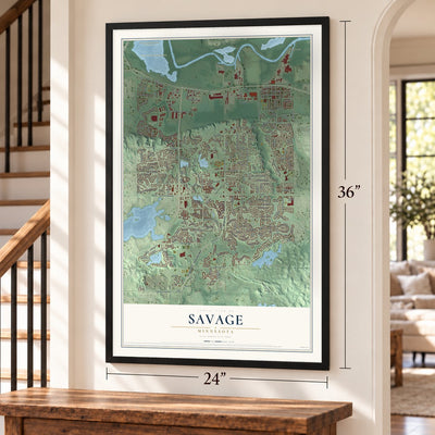 Savage, Minnesota map, 24 x 36 inch print in a black frame by a staircase