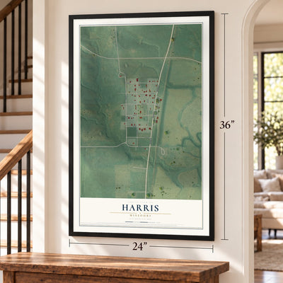 Harris, Missouri map, 24 x 36 inch print in a black frame by a staircase