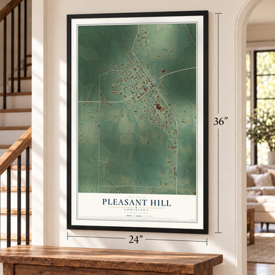 Pleasant Hill, Louisiana map, 24 x 36 inch print in a black frame by a staircase