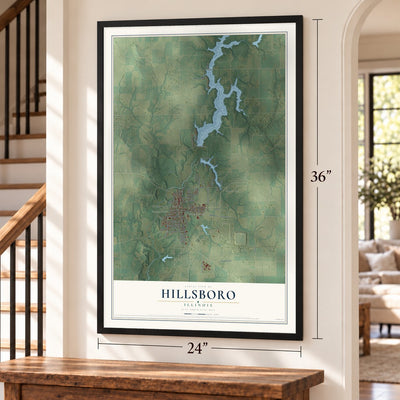 Hillsboro, Illinois map, 24 x 36 inch print in a black frame by a staircase