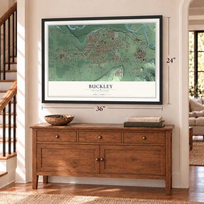 Buckley, Washington map, 24 x 36 inch print in a black frame above a dresser by a staircase