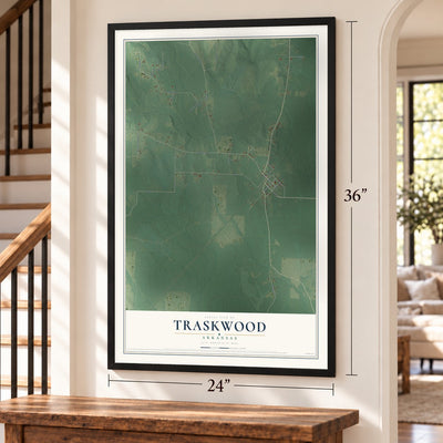 Traskwood, Arkansas map, 24 x 36 inch print in a black frame by a staircase