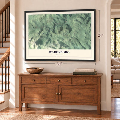 Wardsboro, Vermont map, 24 x 36 inch print in a black frame above a dresser by a staircase