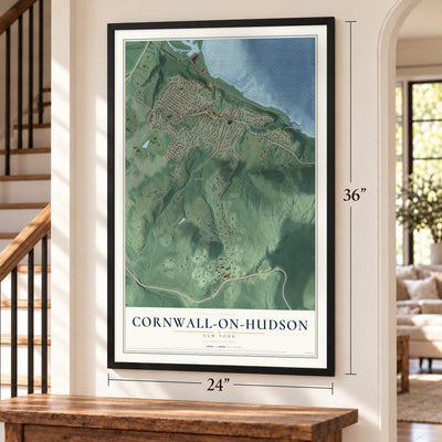 Cornwall-on-Hudson, New York map, 24 x 36 inch print in a black frame by a staircase