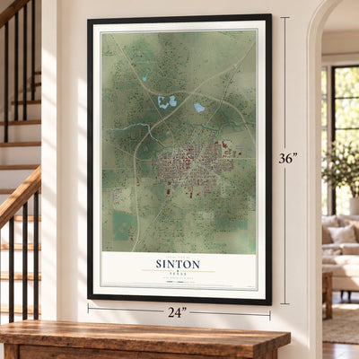 Sinton, Texas map, 24 x 36 inch print in a black frame by a staircase