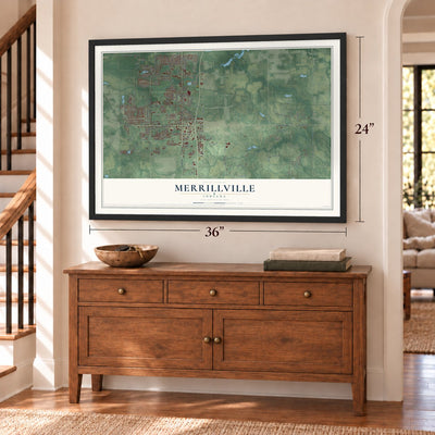 Merrillville, Indiana map, 24 x 36 inch print in a black frame above a dresser by a staircase
