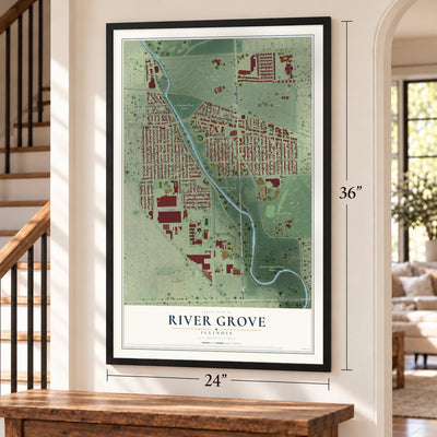 River Grove, Illinois map, 24 x 36 inch print in a black frame by a staircase