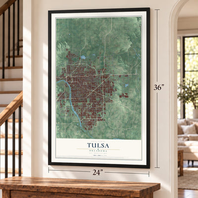 Tulsa, Oklahoma map, 24 x 36 inch print in a black frame by a staircase
