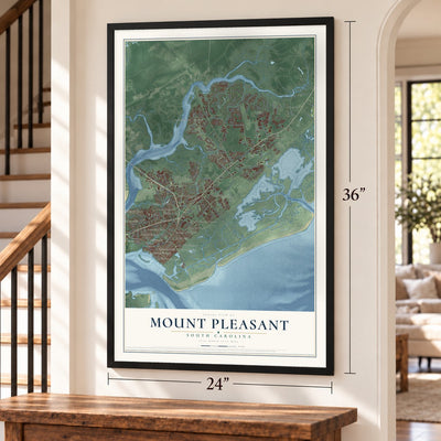 Mount Pleasant, South Carolina map, 24 x 36 inch print in a black frame by a staircase