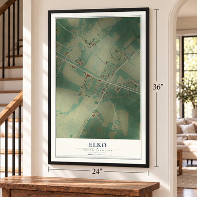 Elko, South Carolina map, 24 x 36 inch print in a black frame by a staircase