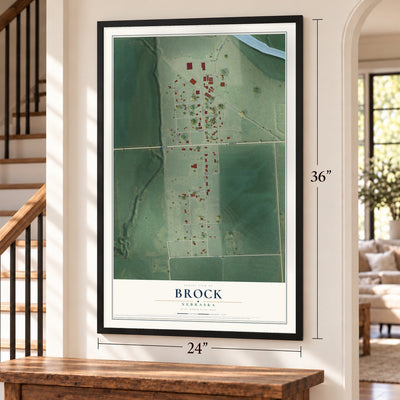 Brock, Nebraska map, 24 x 36 inch print in a black frame by a staircase