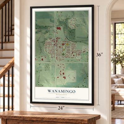 Wanamingo, Minnesota map, 24 x 36 inch print in a black frame by a staircase