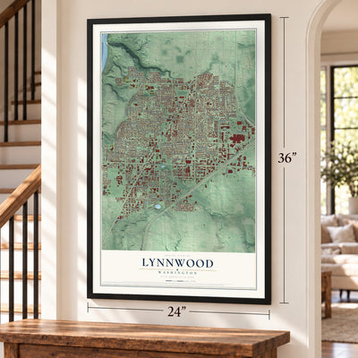 Lynnwood, Washington map, 24 x 36 inch print in a black frame by a staircase