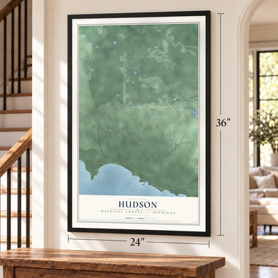 Hudson, Mackinac County, Michigan map, 24 x 36 inch print in a black frame by a staircase