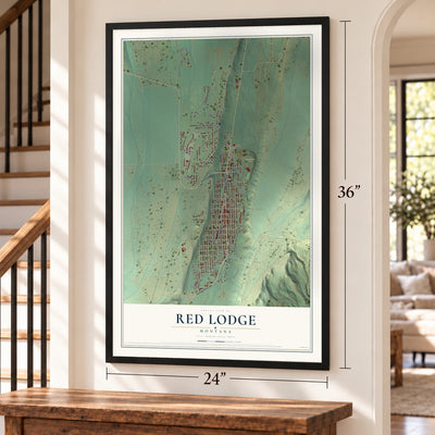 Red Lodge, Montana map, 24 x 36 inch print in a black frame by a staircase