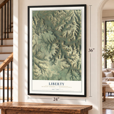 Liberty, McKean County, Pennsylvania map, 24 x 36 inch print in a black frame by a staircase