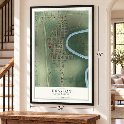 Drayton, North Dakota map, 24 x 36 inch print in a black frame by a staircase