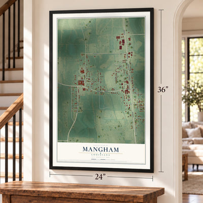 Mangham, Louisiana map, 24 x 36 inch print in a black frame by a staircase