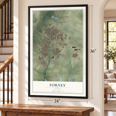 Forney, Texas map, 24 x 36 inch print in a black frame by a staircase