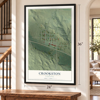 Crookston, Nebraska map, 24 x 36 inch print in a black frame by a staircase