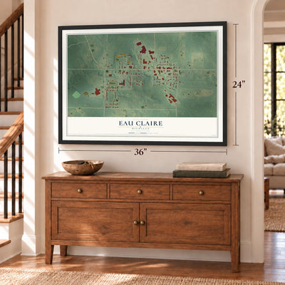 Eau Claire, Michigan map, 24 x 36 inch print in a black frame above a dresser by a staircase